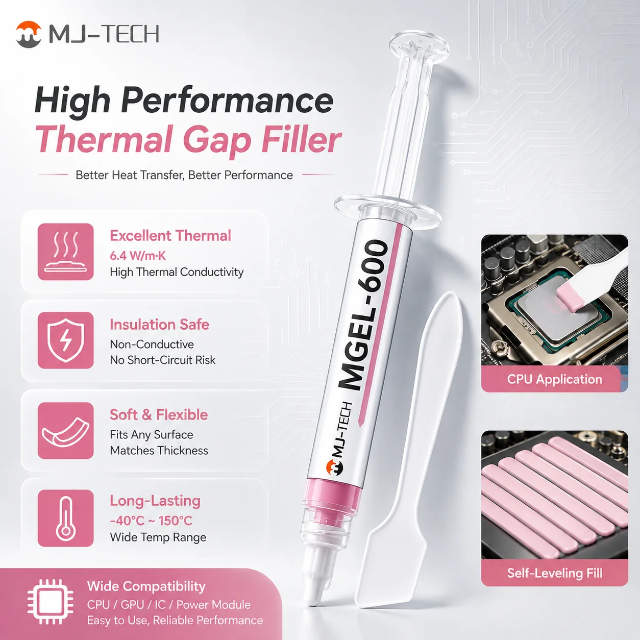 MJ-TECH MGEL-600 Thermal Putty 6.4W/mK, 10g Gap Filler Paste, Replaces Thermal Pads for GPU VRAM, CPU, PS5 Cooling