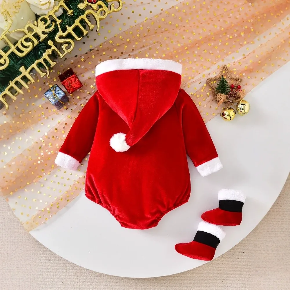 Warm Velvet Santa Claus Costume Hooded Design with Socks Set Jumpsuit Outfit Long Sleeve Hooded Rompers Costume For Boys