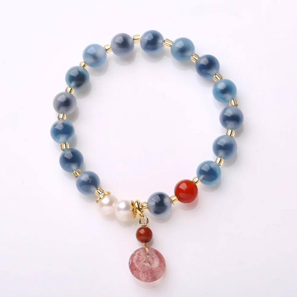 

Natural Blue Sugar Heart Agate Strawberry Quartz Peace Buckle Bracelet for Women Agate Beaded Wrist Jewelry Gifts