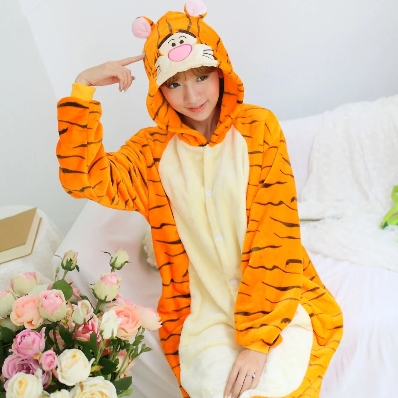 Winnie the Pooh and the Blustery Day Jumping Tigger Kigurumi Pajamas Winter Flannel Adult Unisex Cartoon Cosplay Costume