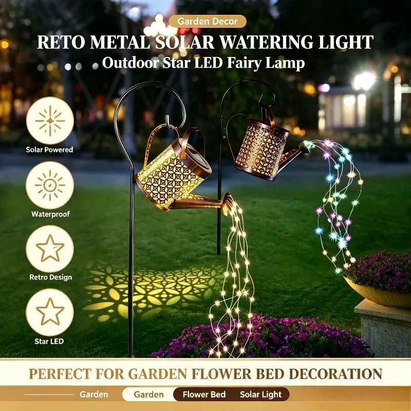 Retro Solar Garden Lamp, Metal Watering Can Lantern with Cascading Starry Fairy Lights for Yard Hooks, Lawns and Courtyard Decor