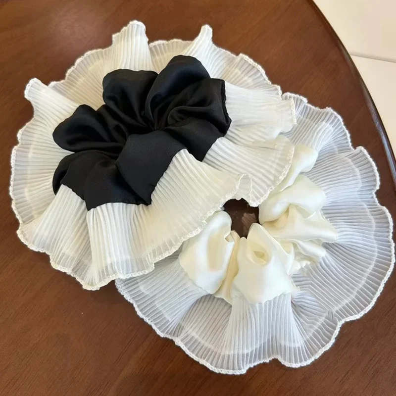 Black and white pleated lace hair ring for women Simplicity High Ponytail Hair Rope Fashion Girl hair tie Hair accessories