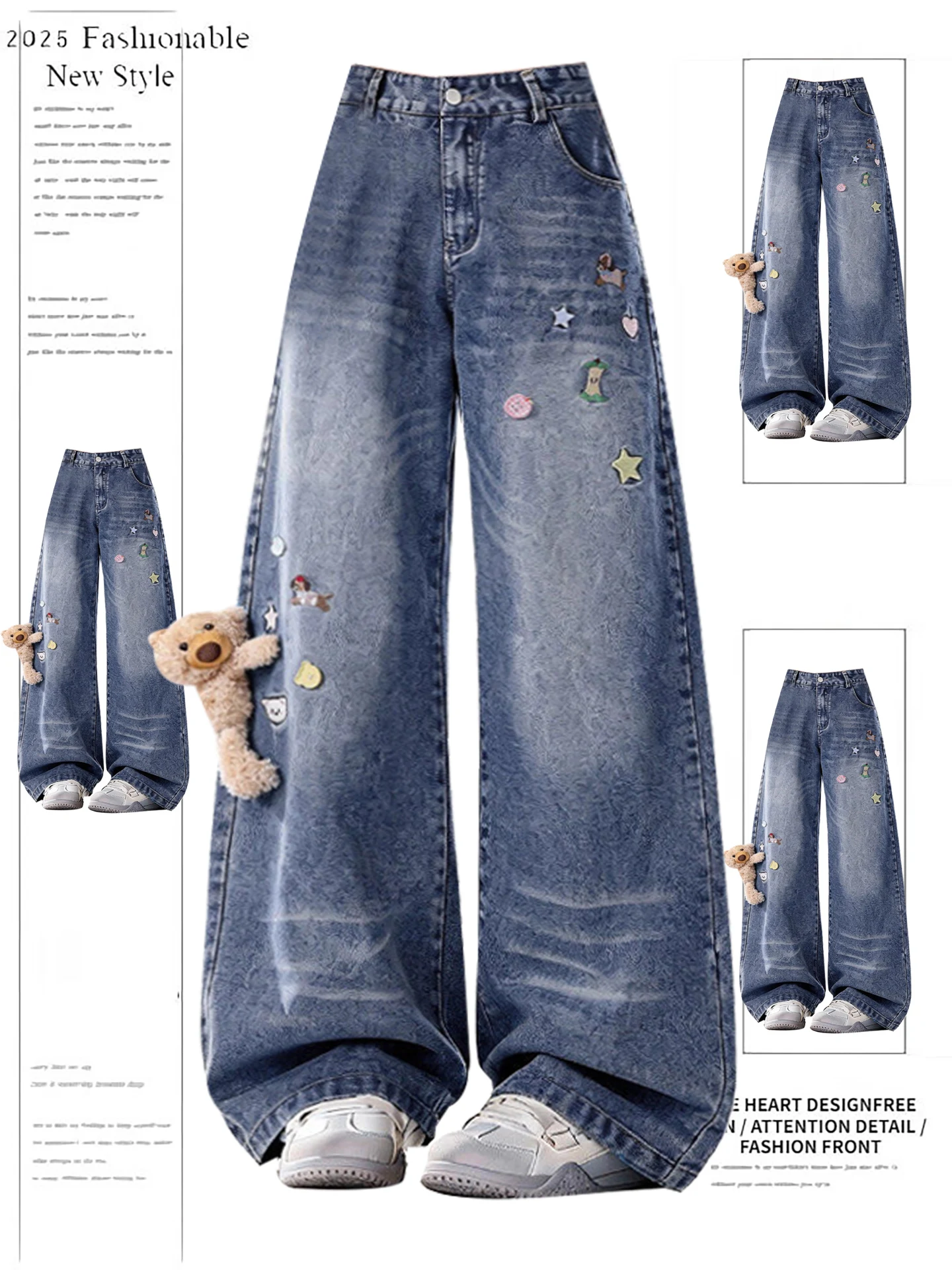 

Cartoon Bear Embroidery Wide Leg Jeans Women's Spring Autumn Loose Fit Bootcut Pants Vintage Sle High Waist Button Closure