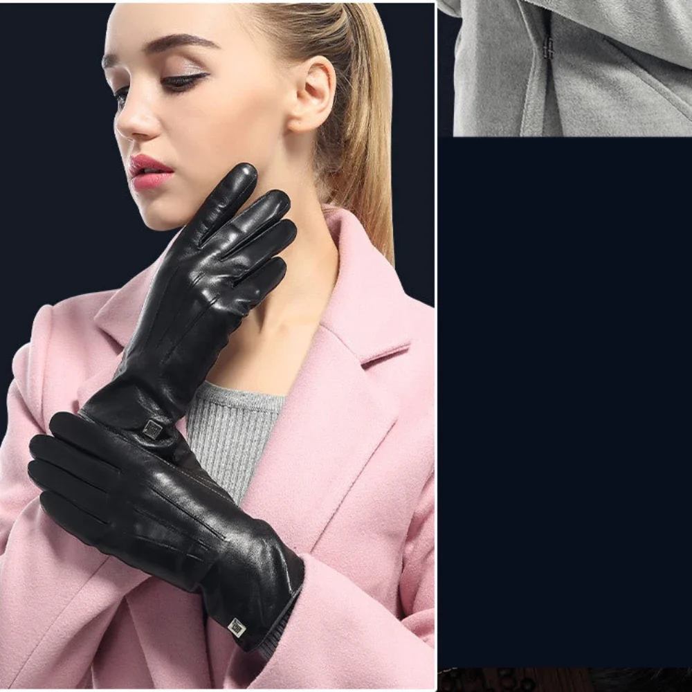 Goatskin Warm Gloves Momen's Fashion Simple Wool Lining Autumn and Winter Velvet Thermal Car Driving Cycling Touchscreen Gloves