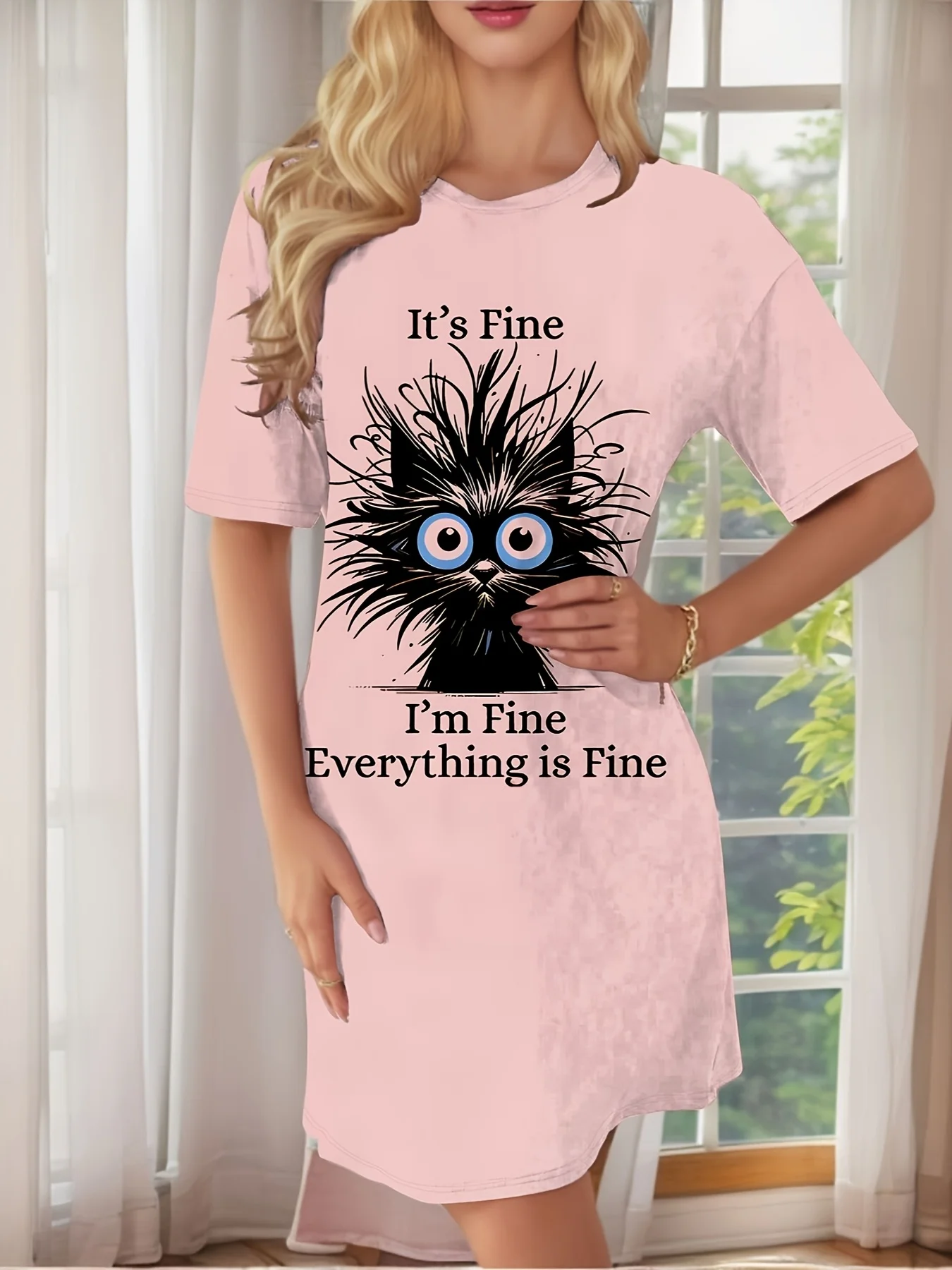 Zabawny wzór z kotem i nadrukem: "Jestem dobrze, wszystko jest dobrze", krótka damska sukienka oversize z imitacji bawełny, okrągły dekolt, odzież domowa.