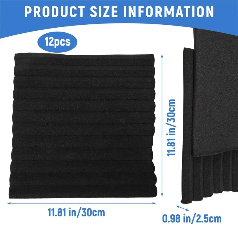 ABUL-12 Pcs Black Acoustic Panels Soundproofing Foam Acoustic Tiles Studio Foam Sound Wedges 2.5 X 30 X 30Cm