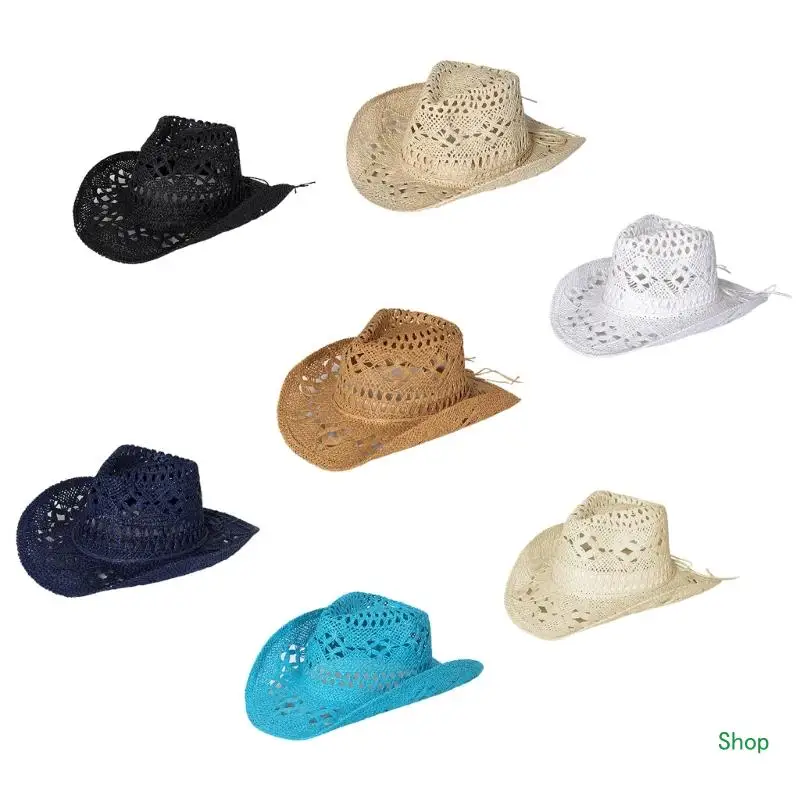 

Dropship Crochet Unisex Hollow out Cowgirl Hat Wide Brim Bridal Western Breathable Hollow out Hat for Photoshoot Supplies