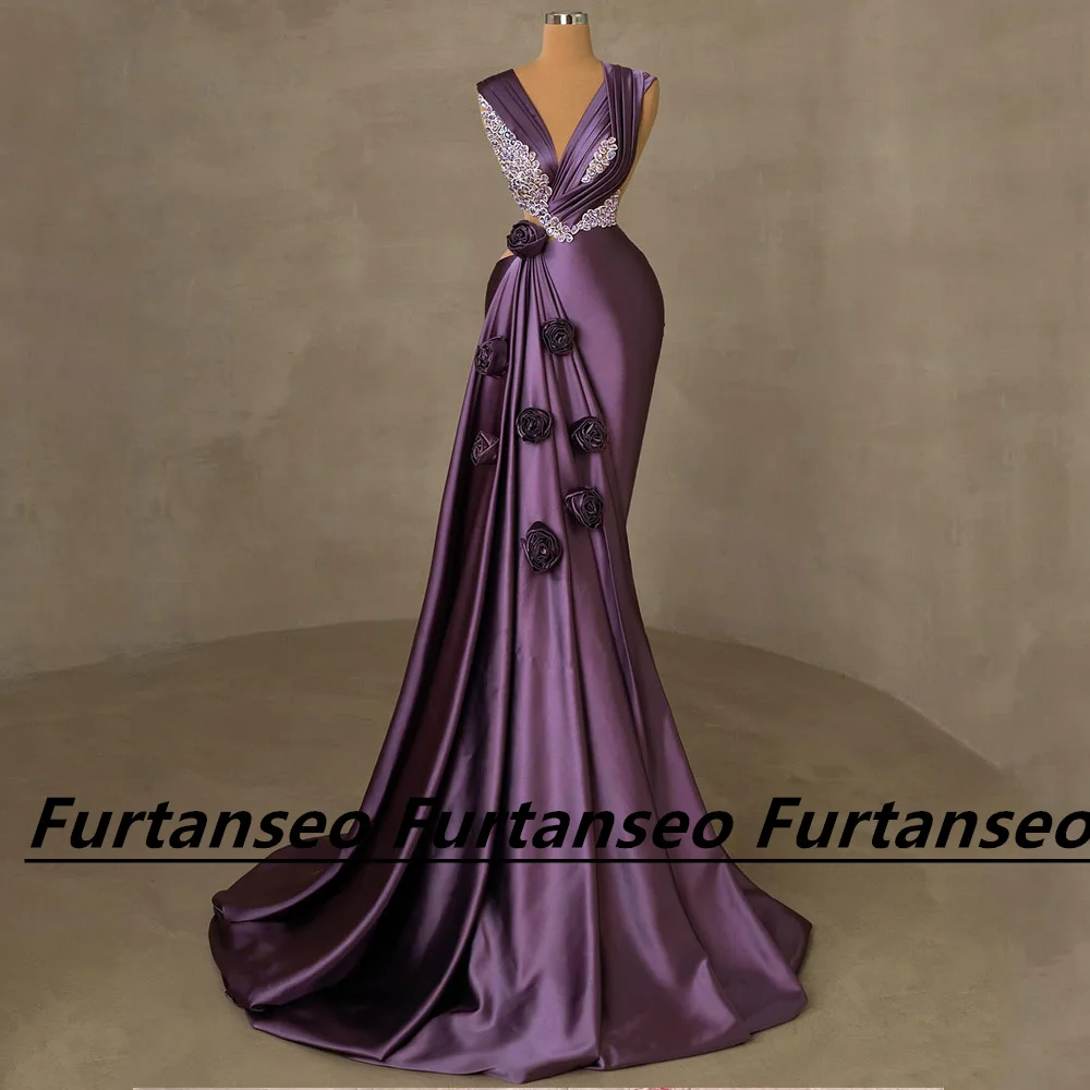 

Exquisite Evening Gown With Crystal Satin V-Neck Draped Party Dress Women's Sexy Flower Applique Formal Occasion Dresses