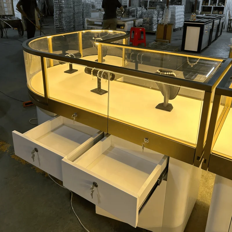 custom.High-End Gold Jewelry Store Display Cabinet Wooden Glass Showcase Round Stainless Steel Jewellery Counter Shop Design Sho