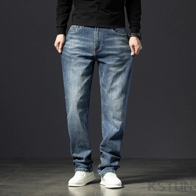 Jeans da uomo alti 190CM pantaloni lunghi classici blu Exra primavera autunno Plus Size 38 40 pantaloni maschili elasticizzati Slim dritti per ragazzi grandi