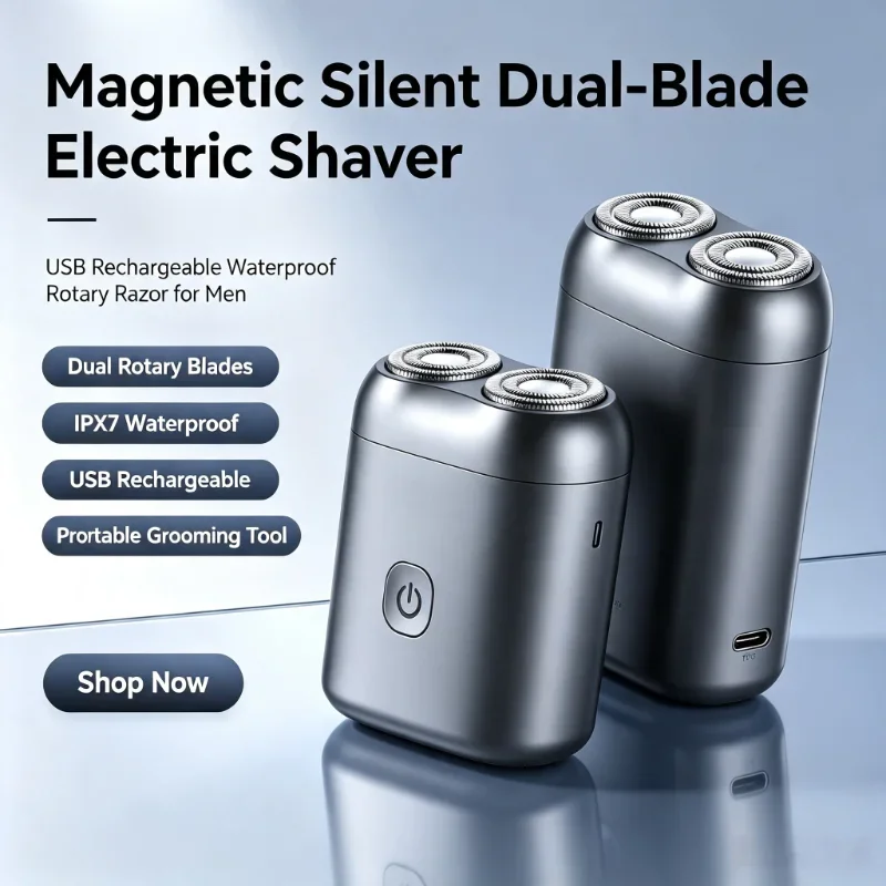 Magnetic Ultra Quiet Rotary Men Shaver Dual Blades USB Rechargeable Full Body Washable Beard Razor