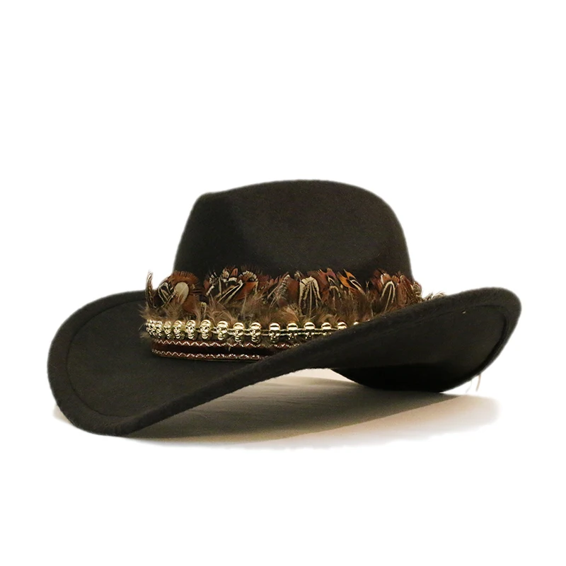 Retro Feather Skull Head Leather Band Unisex Women Men /Kid Child Wool Wide Brim Sun Cowboy Western Hat Cowgirl Cap 54-57-61cm