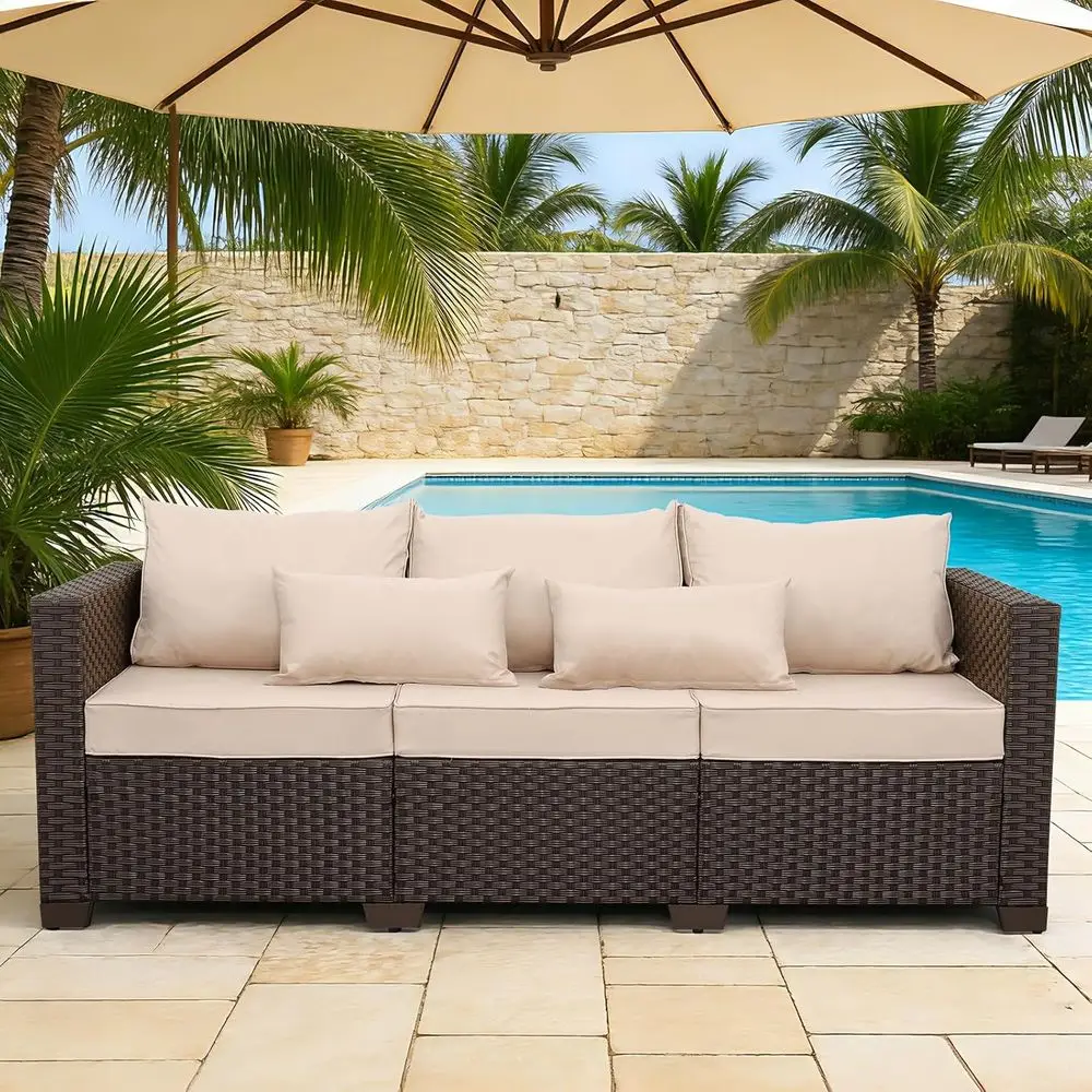 

3-Seater Outdoor Brown Wicker Sofa with Deep Seat, High Backrest, Non-Slip Cushions, and Waterproof Cover, Khaki