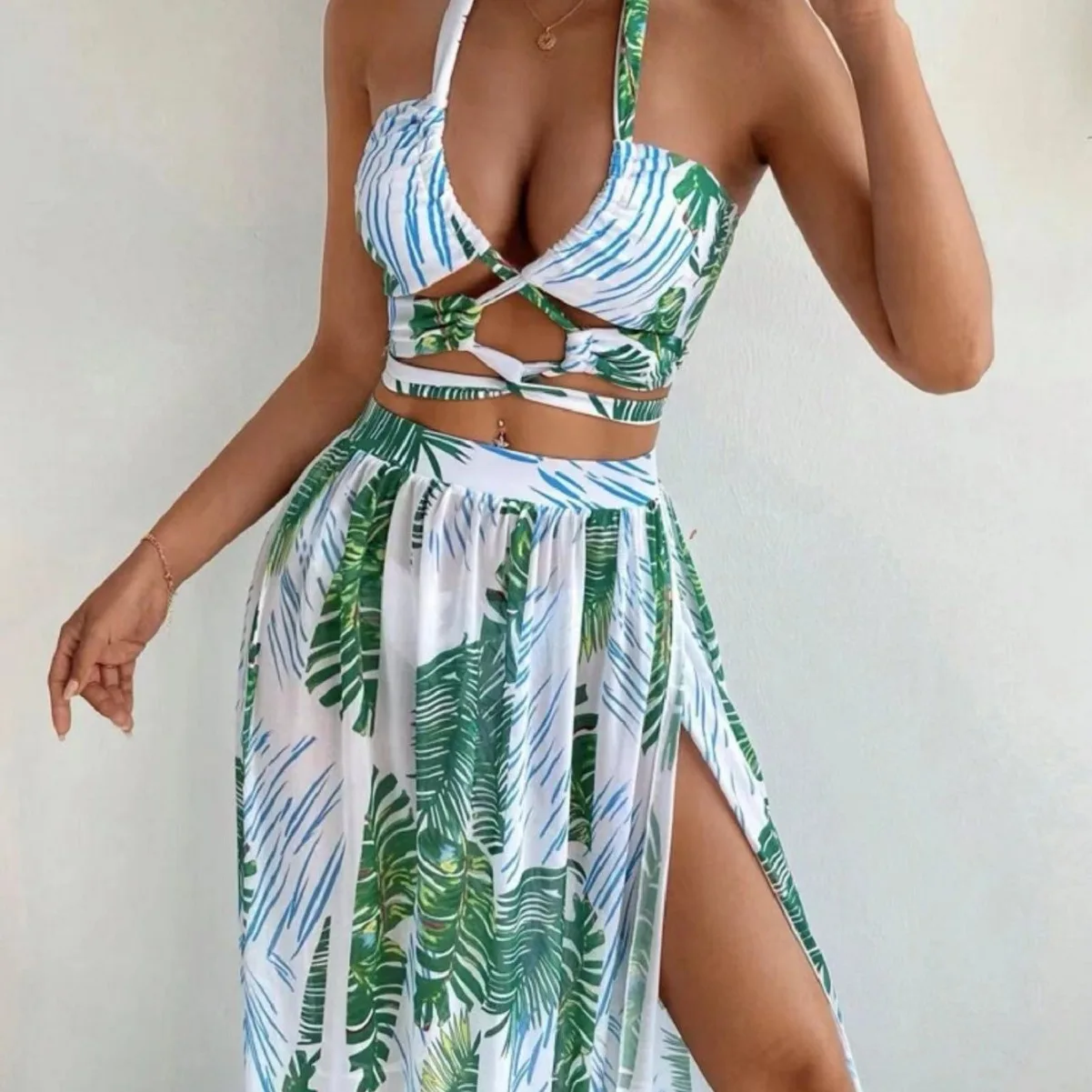 

Nadanbao Sexy Gauze Dress Bikini Set Swimsuit Women Bandage Backless Floral Printing Swimwear Female Fashion Beach Party Bikini