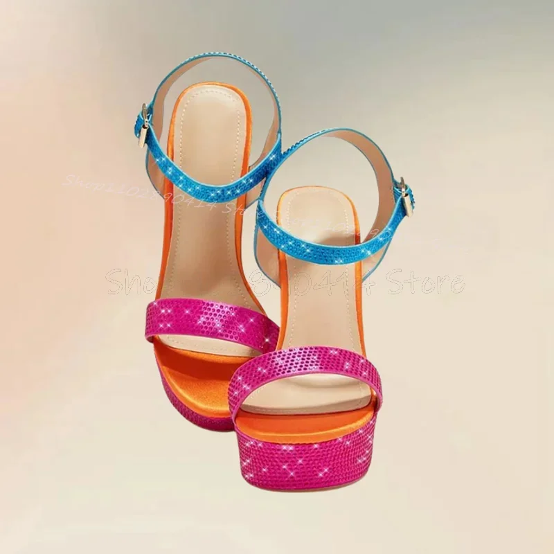 

Mixed Color Rhinestone Open Toe Platform Sandals Ankle Buckle Strap Women Shoes Chunky High Heels Party 2025 Zapatos Para Mujere