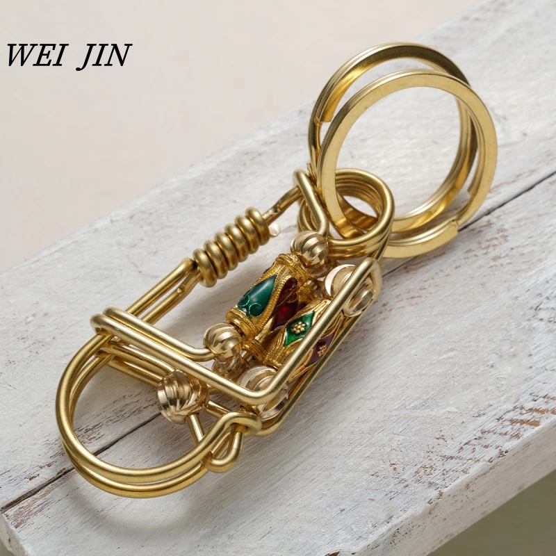 Brass Keychains ,Handmade 2 Layers Copper Wire Car Key Ring, Engraved Green Bead, Outdoor Mechanical Style Backpack Men Trinket