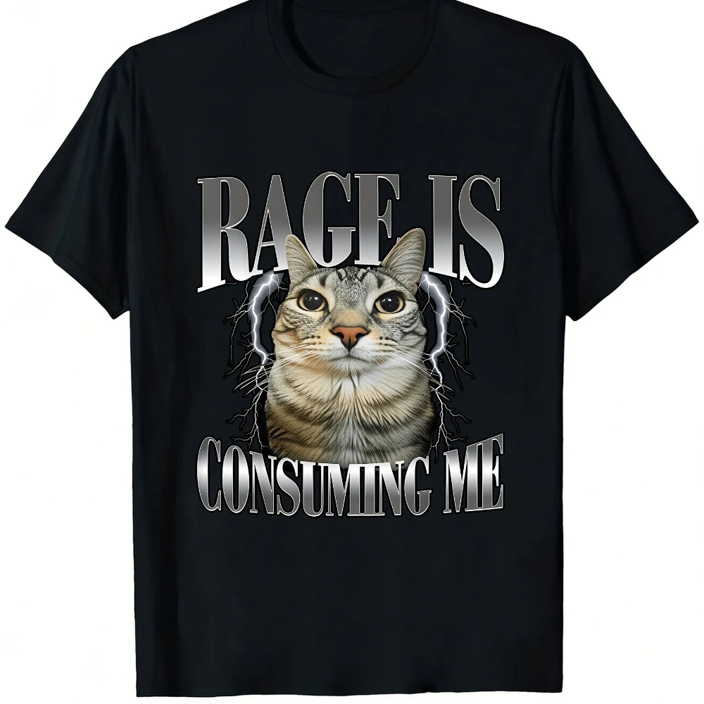 Rage Is Consuming Me Cat Meme T-Shirt Funny Glowing Eyes Lightning Bolt Graphic Tee Unisex Casual Shirt for Men