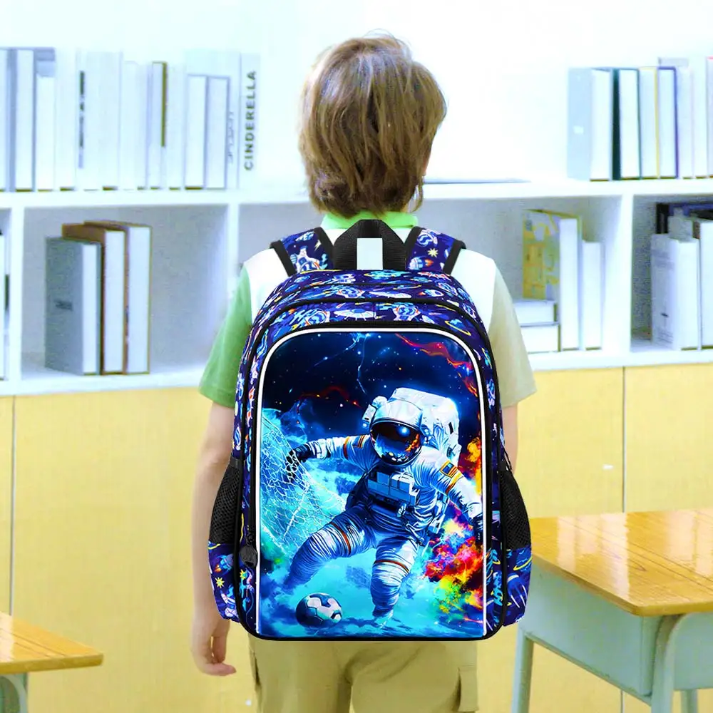 3Pcs 16 Inch Boys Backpack Set, Cool Astronaut‑Football School Bag with Lunch Bag & Pencil Pouch, Lightweight Elementary Bookbag