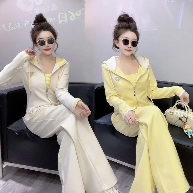 

Осенний новый повседневный дизайн, утягивающая толстовка на молнии с цветными блоками, широкие брюки, спортивный модный комплект из двух предметов