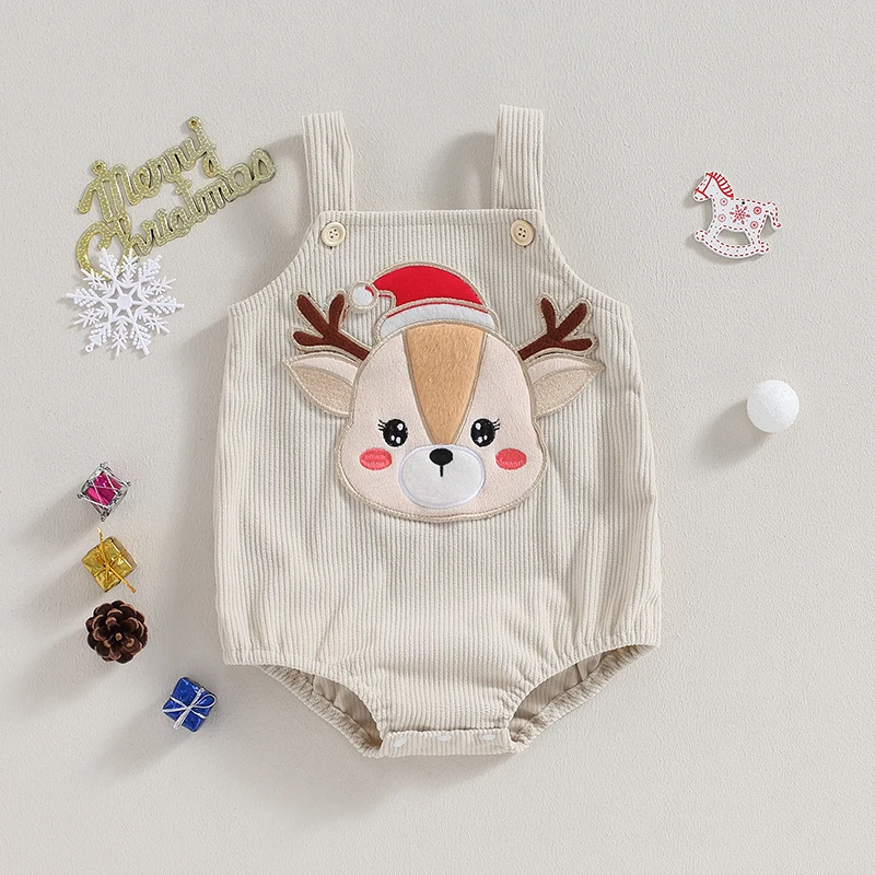 0-18M Baby Boy Christmas Corduroy Rompers Infant Elk Embroidery Buttom Sleeveless Jumpsuits Overalls Newborn Bodysuit for Winter