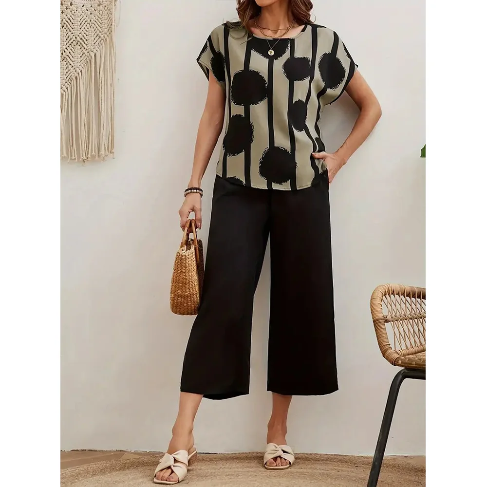 

Женский брючный костюм в горошек, повседневный свободный и удобный костюм с короткими рукавами для отдыха и выходных, лето 2024