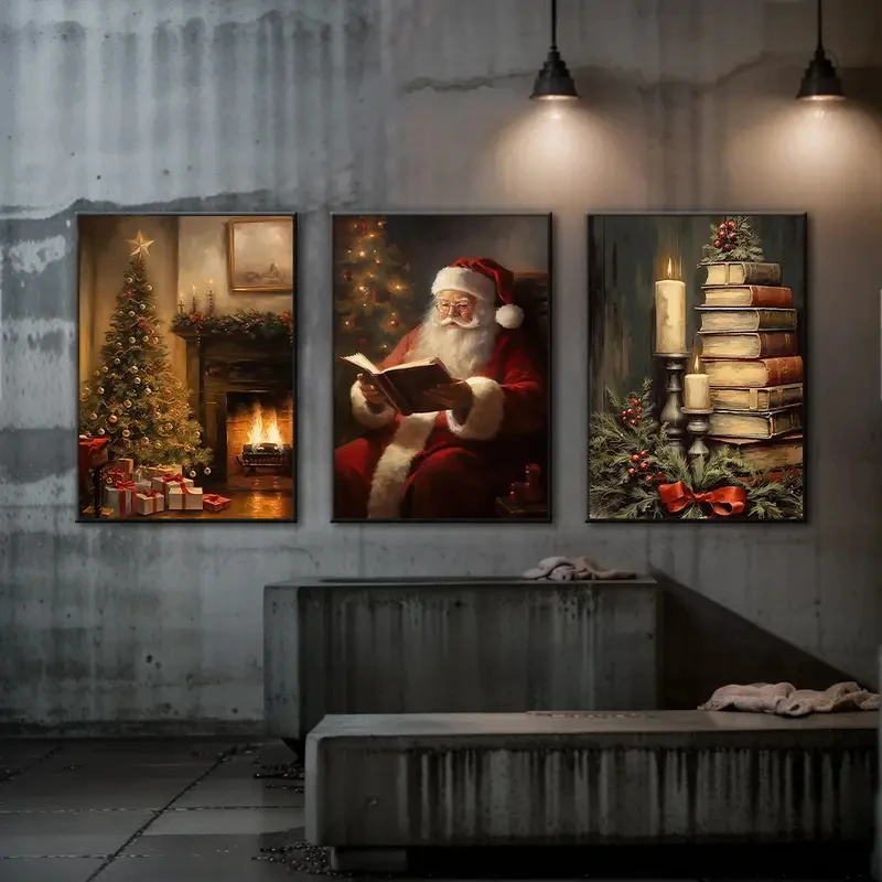 

3pcs/set Christmas-themed Canvas Wall Art Reading Books Santa Claus Print Painting Living Room Bedroom Party New Year Home Decor