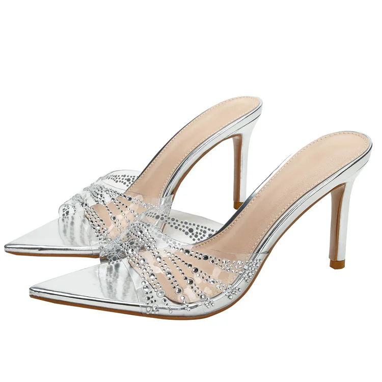 KM-ROYA Luxury Summer 7CM 8.5CM Heel Crystal Women Slipper Ladies Sandal Clear High Heel Dress Slides Shoes