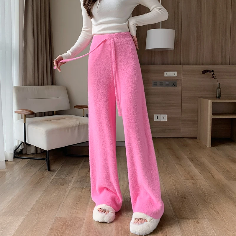 

2024 Women Autumn Winter New Loose Knitted Pants Female Fashion High Waist Wide Leg Pants Ladies Casual Straight Trousers T737