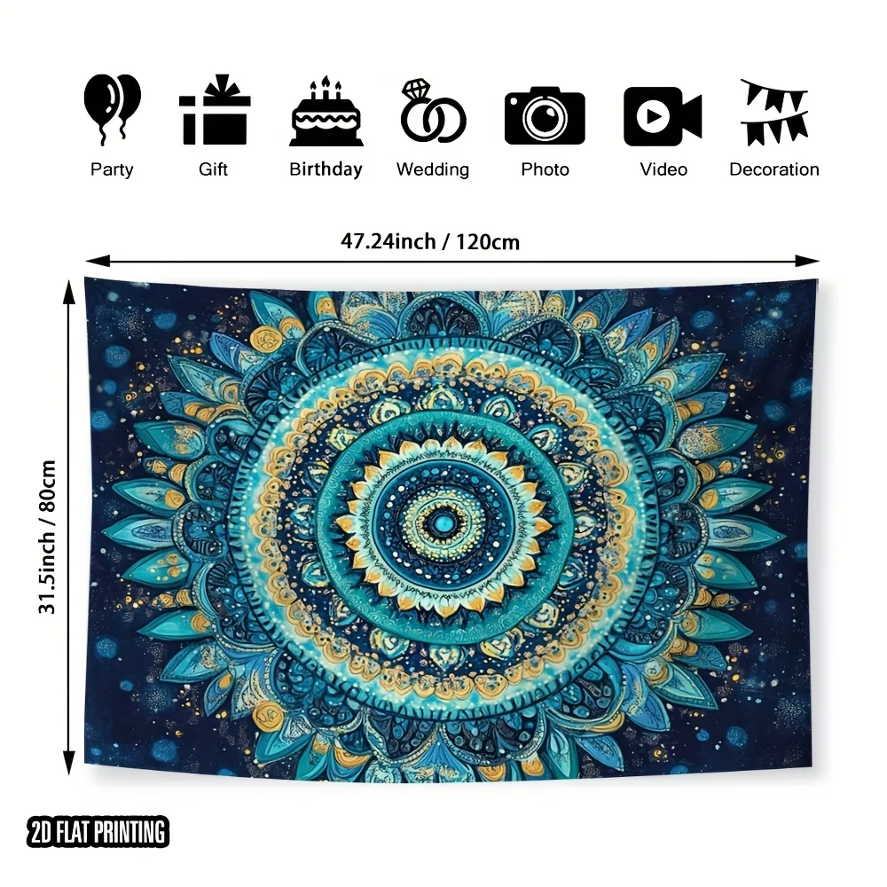 Boho Mandala Tapestry Wall Hanging Decoration Blue Teal Cosmic Spiritual Chakra Art Print for Bedroom Living Room Boho Home Deco