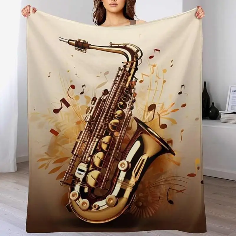 Jazz saxophone pattern Flannel printed blanket suitable for all seasons suitable for living room office sofa and travel