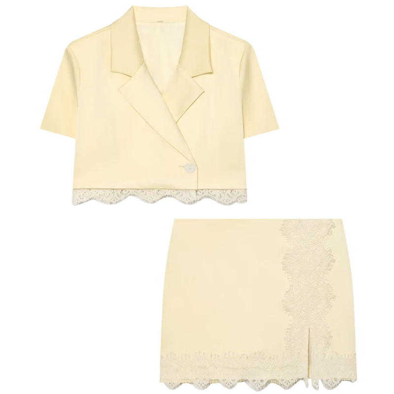 HXAO Spitzen-Set mit gelben Shorts und Röcken, Sommeranzug für Damen, kurzärmlige Blazer-Outfits, Mini-High-Waist-Culottes, Strandanzüge – Detail 5