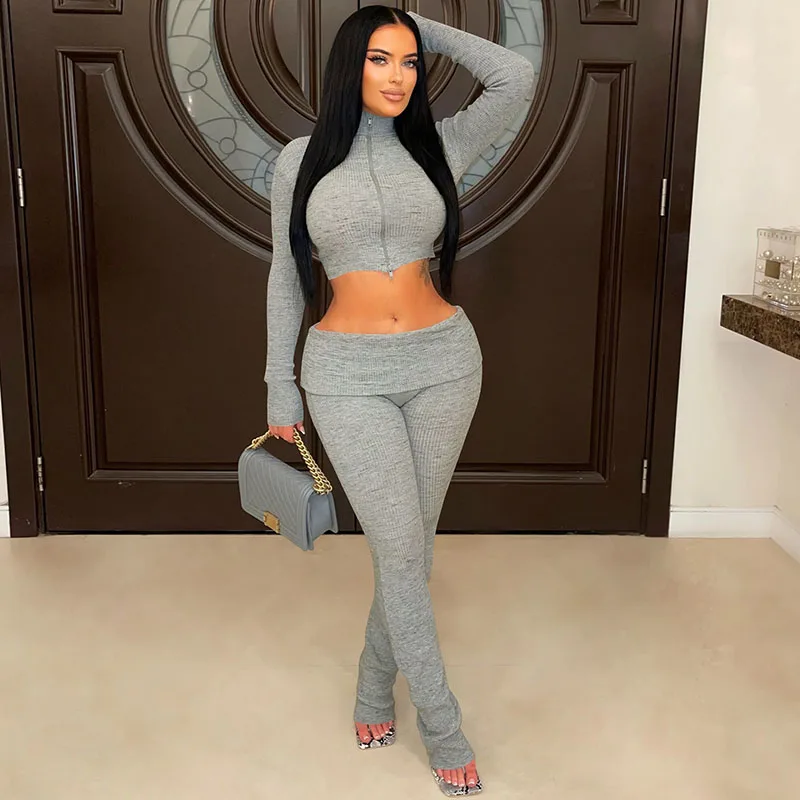 

Doyerl вязаный ребристый комплект из двух предметов, женская осенне-зимняя водолазка на молнии с длинными рукавами, укороченный топ и брюки, одинаковые комплекты