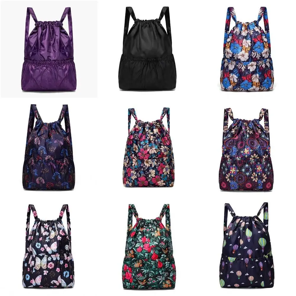 Fashion Floral Printed Drawstring Bag Waterproof Polyester Backpacks Fold Lightweight Portable Shopping Bag Teenage Girls