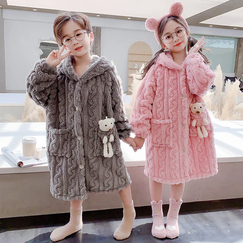 Boys Girls Flannel Hooded Pajamas Bath Robe Autumn Winter Children Bathrobe Soft Solid Kids Sleepwear Baby Cute Homewear Clothes