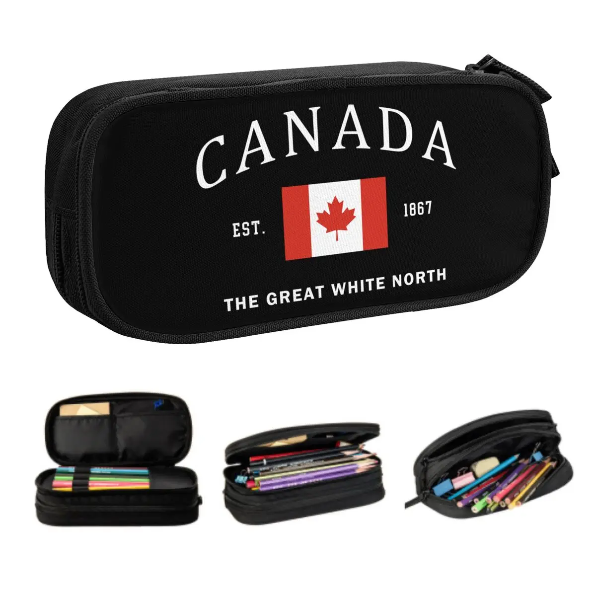 Estuche de lápices personalizado con bandera de Canadá para niños y niñas, almacenamiento grande, bolsa de lápices del orgullo patriótico canadiense, suministros escolares