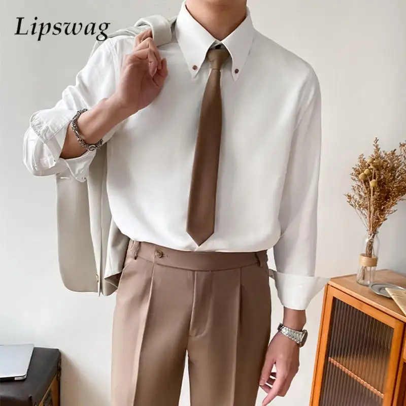 

Casual Slim Fit Long Sleeve Shirts Men Spring Office Business Fashion Solid Color Shirt Tops Mens Vintage Buttoned Lapel Shirts