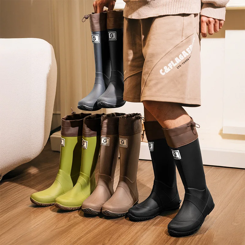 Fashion Tall Tube Men's and Women's Rain Shoes Bundle Mouth Pull Rope Waterproof Shoes Splash Without Wind Shoes