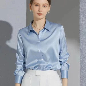 All-Match-Satin-Finish-Hemden und Blusen Frauenkleidung lässig Top Ol-Ärmel Langarmknopf französische Solidblusen 8 Hauptverkäufe soziales Shirt für Frau - №4