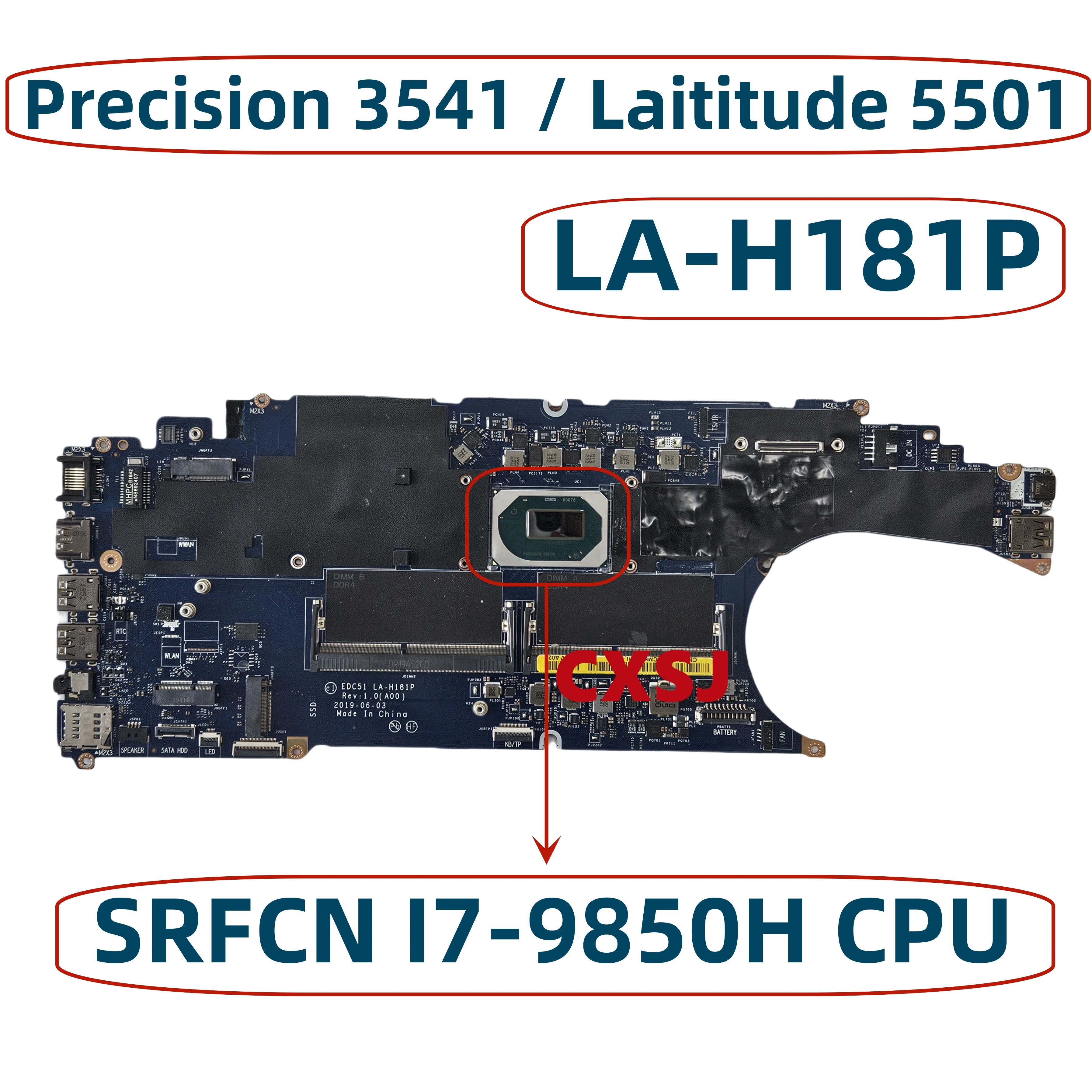 EDC51 LA-H181P CN-0GWDNC 0GWDNC GWDNC For DELL Latitude 5501 Laptop Motherboard With SRFCN I7-9850H CPU DDR4