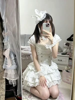 Aesthetic Gothic Skinny Short Sleeve Lolita Dress Women Summer Japanese Square Neck Lace Patchwork One-piece Dresses Female 6