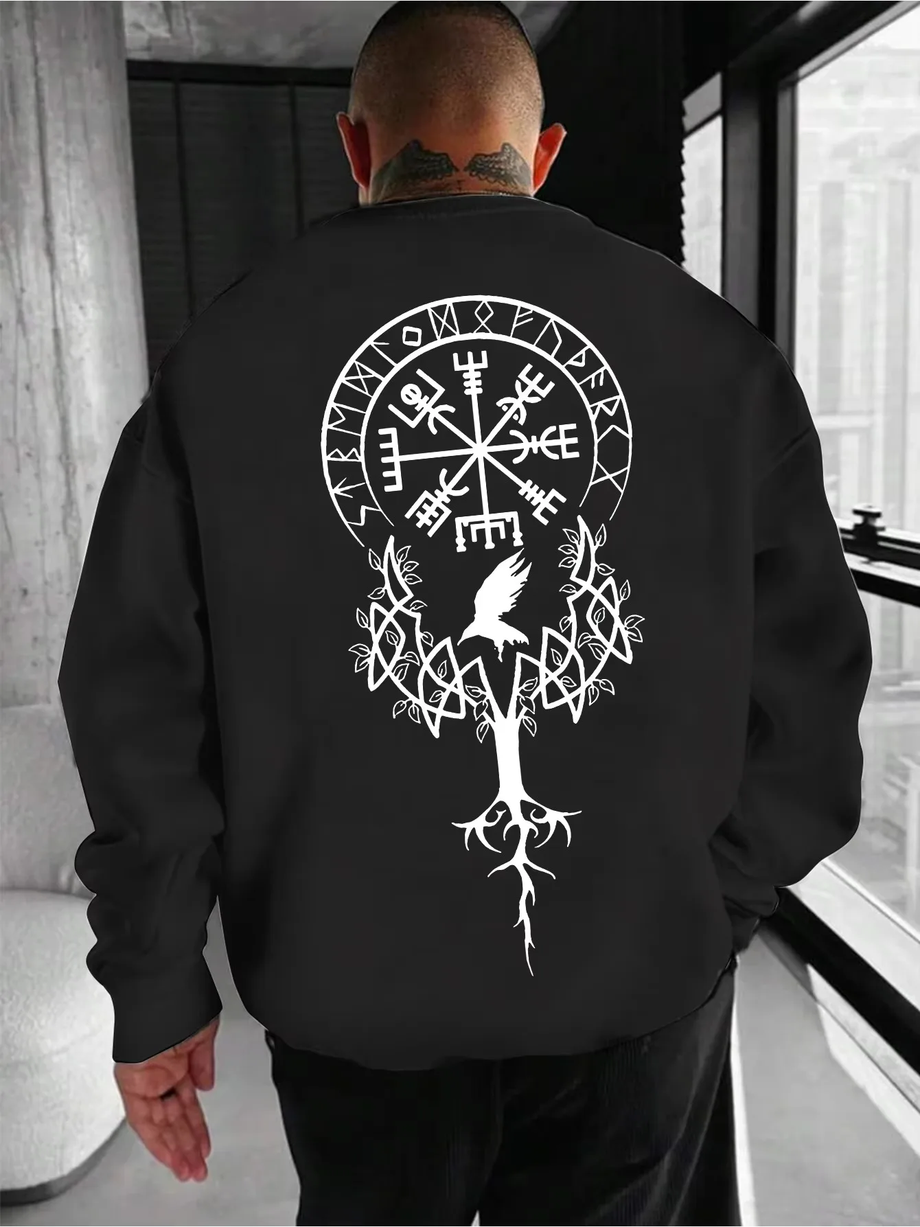 Norse Mythology Sweatshirt Men, Vegvisir Compass Tree of Life Raven Back Print Loose Long Sleeve Jumper Streetwear Pullover