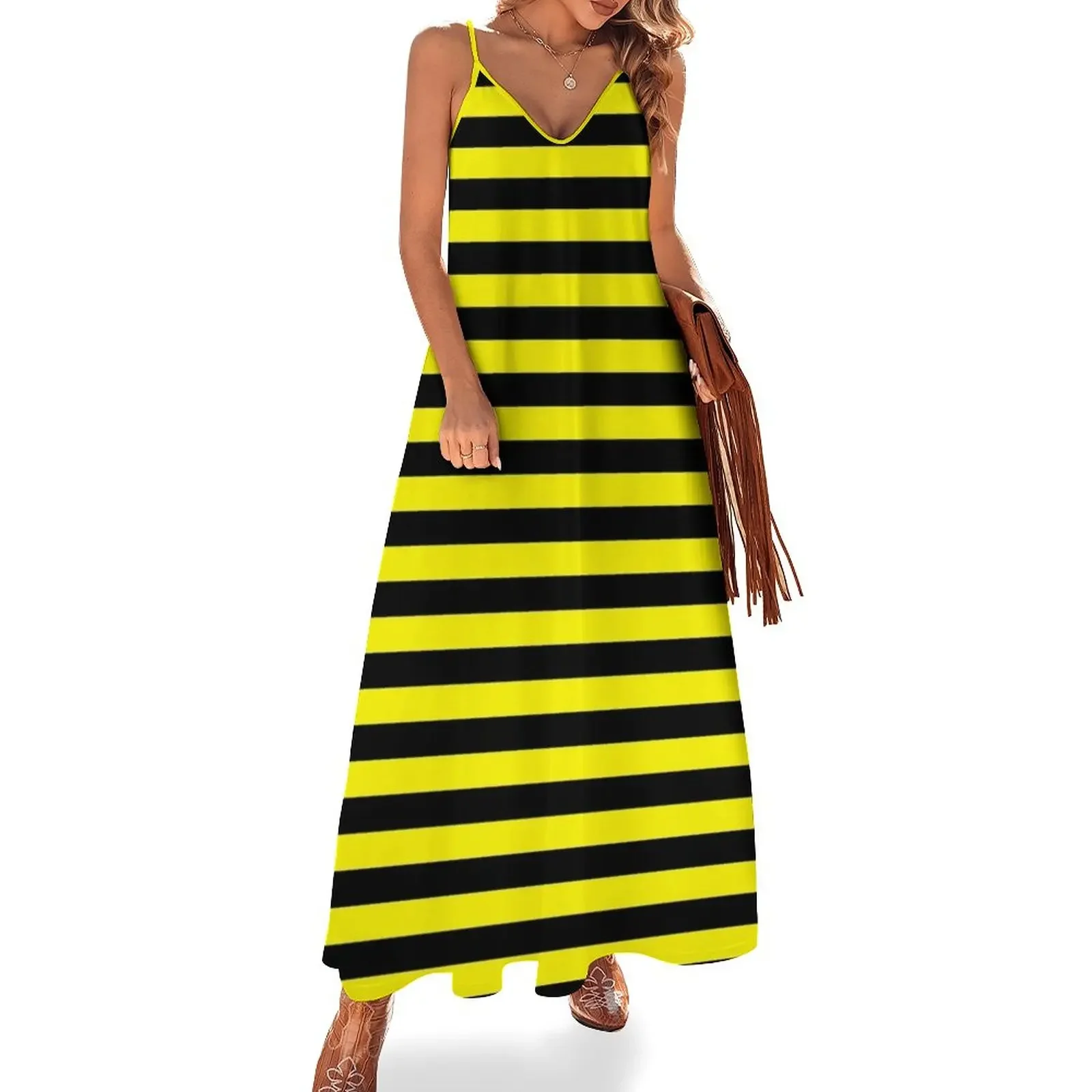 

Lemon Yellow and Black Horizontal Stripes Sleeveless Dress long dress women dress party evening elegant luxury celebrity