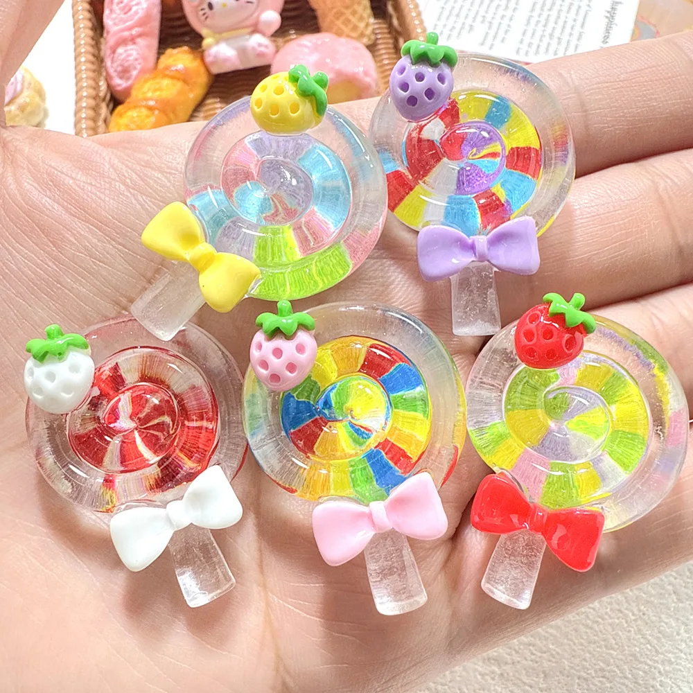 100pcs Kawaii Transparent Strawberry Lollipop Resin Accessories DIY for Hairpin Headgear Water Cup Shoe Keychain Decor