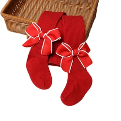 1 Pair Children's Red Bow Pantyhose Girls' Cotton Pantyhose New Year's Christmas Celebration Joyful Children's Socks