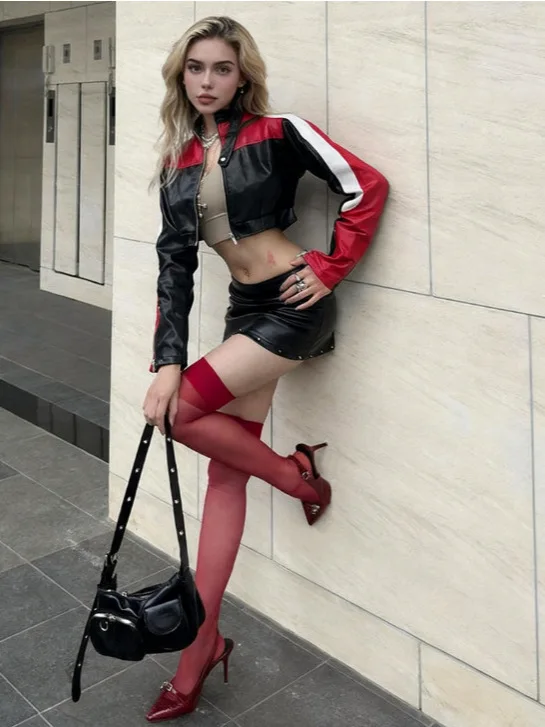 2026 New Color Block Biker Jacket Short Version Women's Pilot Coat PU Leather Outerwear Fashionable Slim Fit Zipper Closure