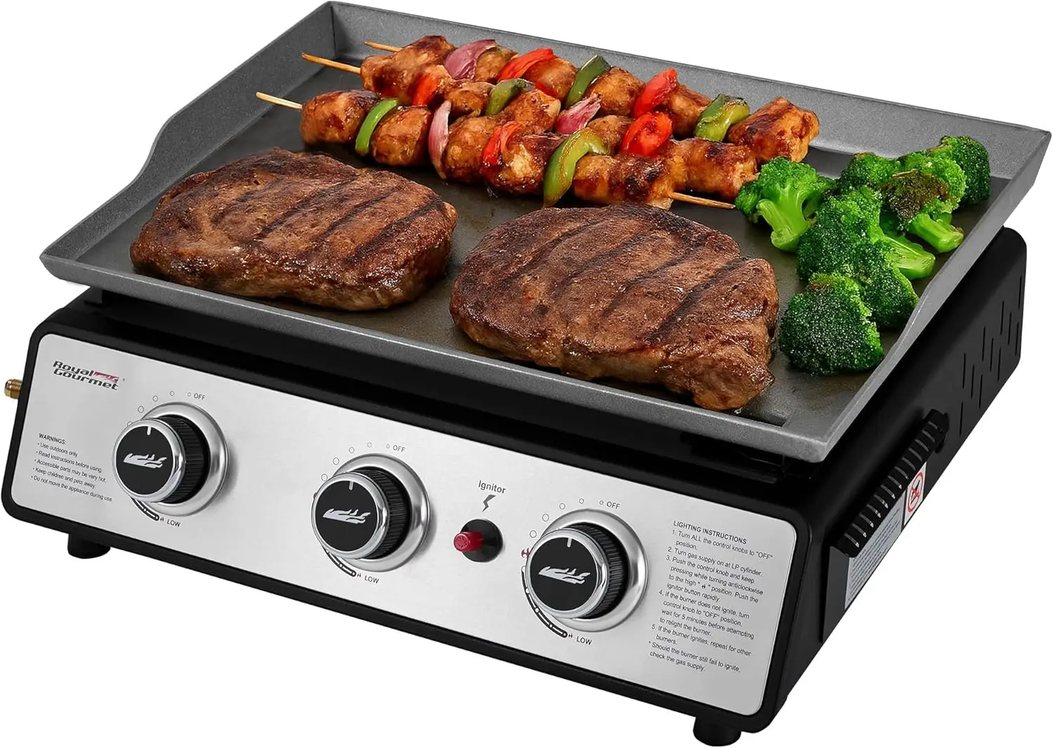 

Portable 3-Burner Gas Griddle, 25,500 BTU Power, 304 Sq. In. Surface for Camping & Tailgating