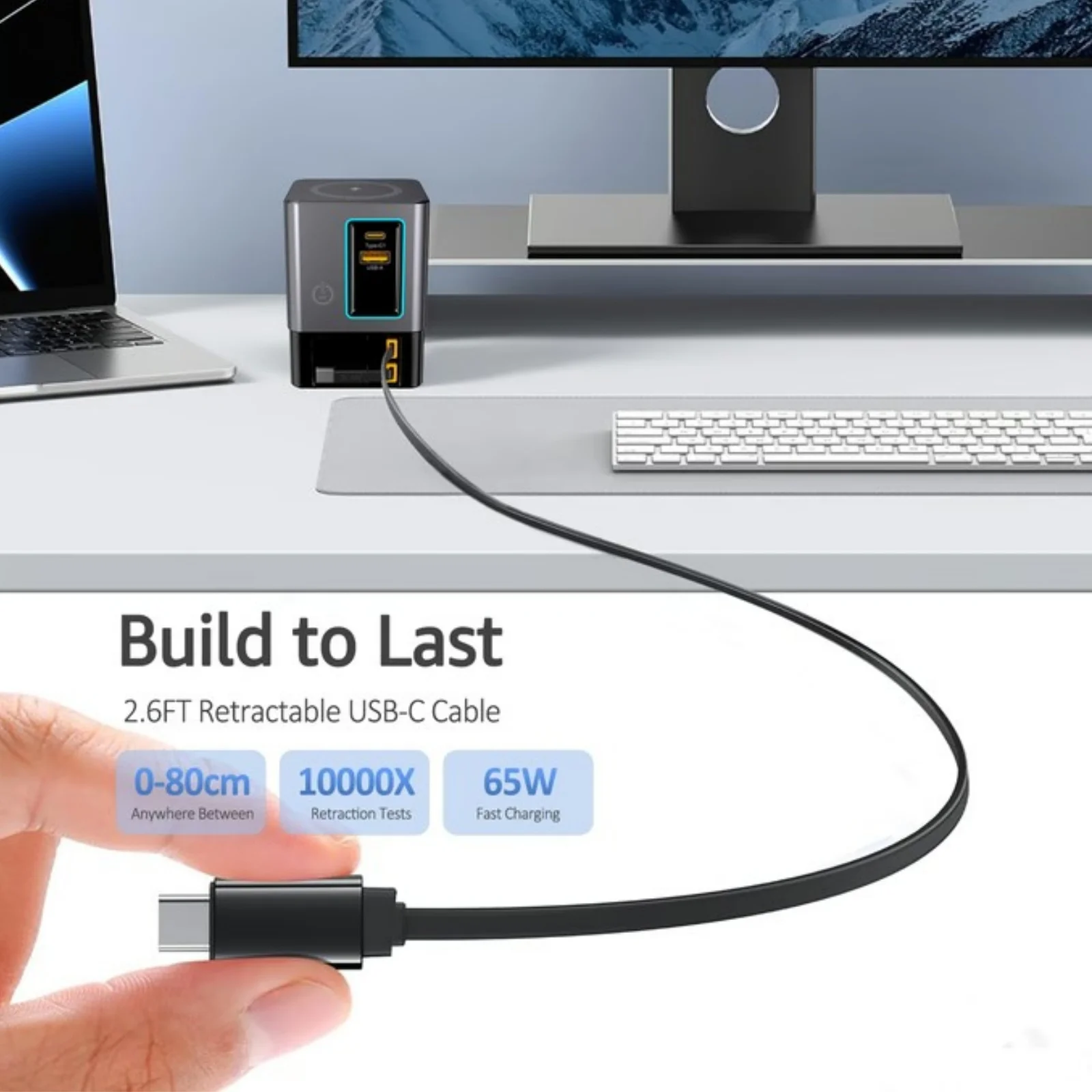 Multi-functional Charger 105W With Retractable USB-C Cable Power Combo USB C Power Strip for for Laptops Phones iPad Earphones