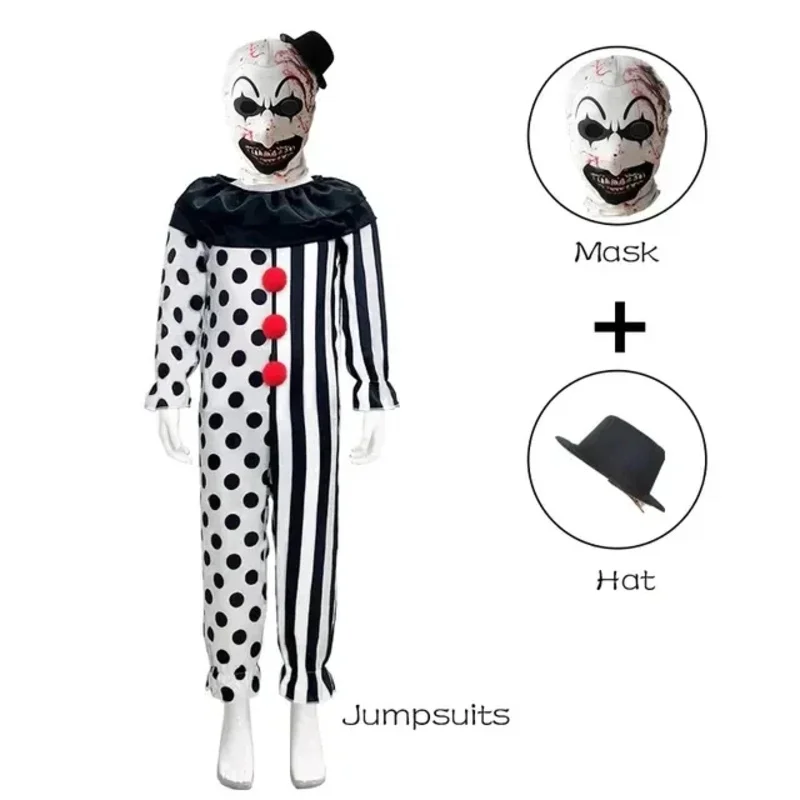 Kids Clown Cosplay Halloween Costume with Mask Hat Terrifier Clown Dress Child Jumpsuit Outfits for Boys Girls Halloween Costume