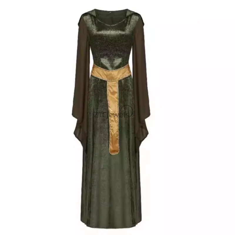 

Medieval Lace Up Retro Hooded Cloak Robe Costume for Adults Halloween Retro Role-playing Long Dress