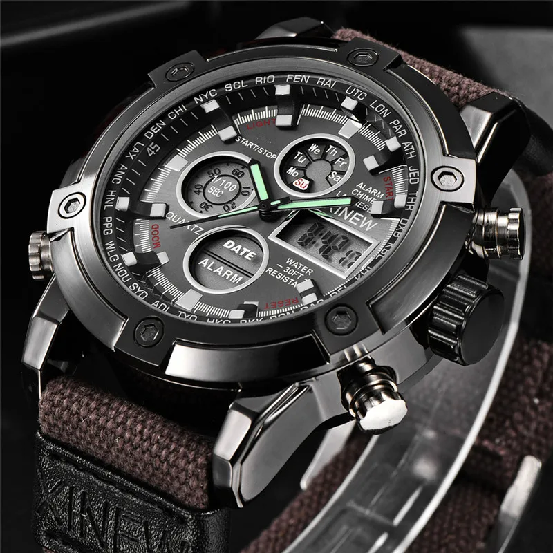 Men Original XINEW Big Brand Chronograph Watches Fashion Nylon Band Alarm Multifunctional Army Sports Dual Time Digital Watch